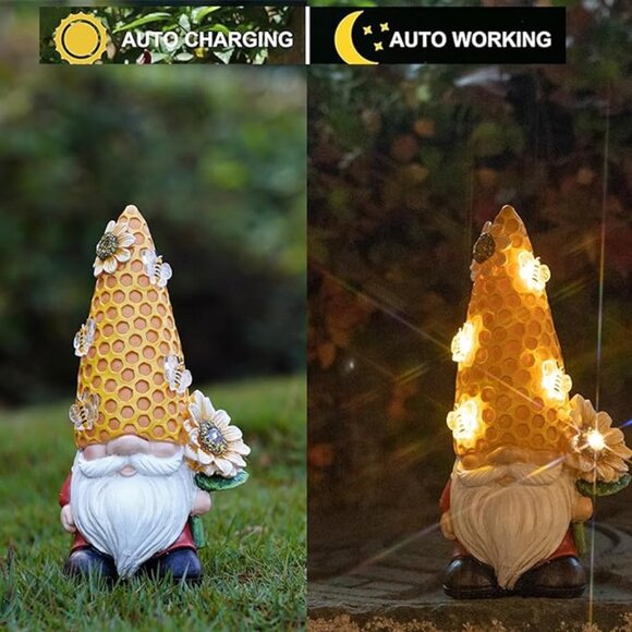 Garden Gnomes Outdoor Statues for Garden Decor with Solar Bee Lights - Picture 5 of 7
